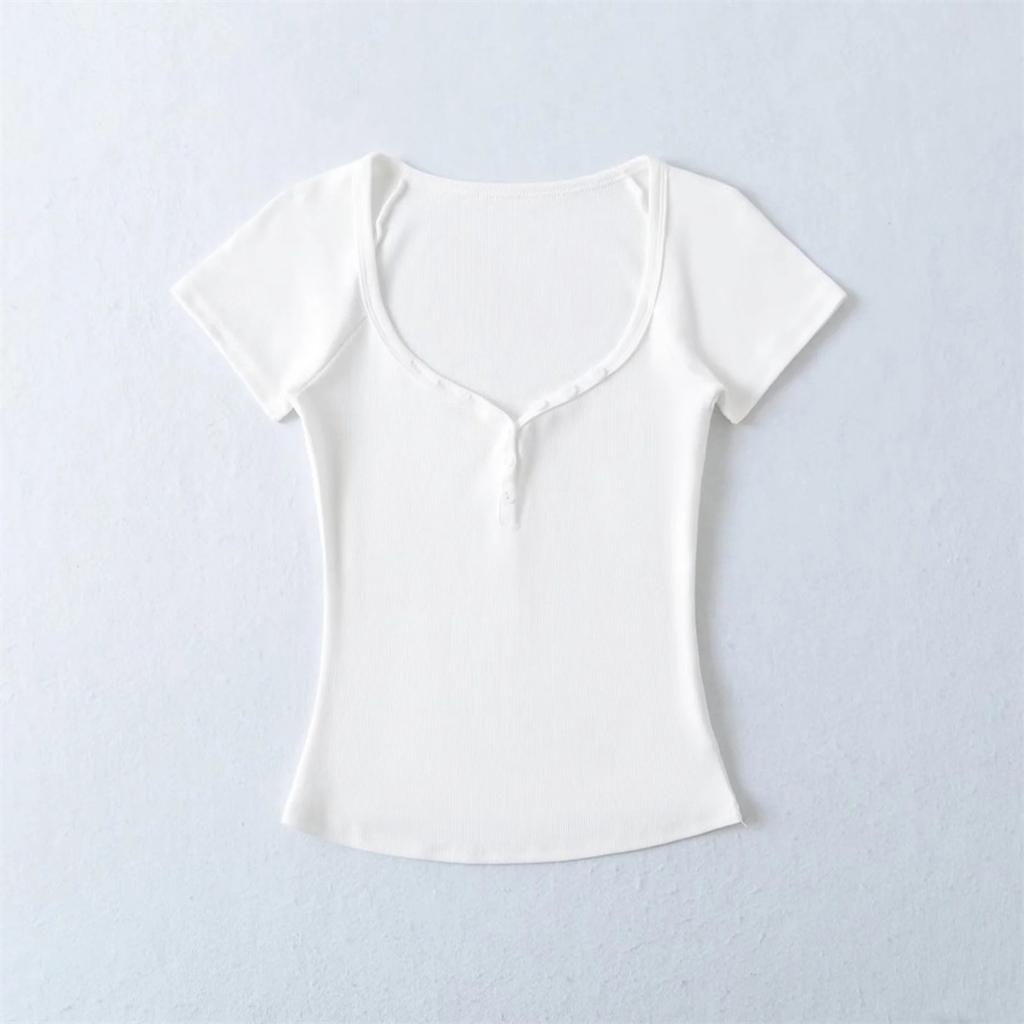Women's Sweetheart Neck Short Sleeve T Shirt Slim Fit Basic Solid Color Tee