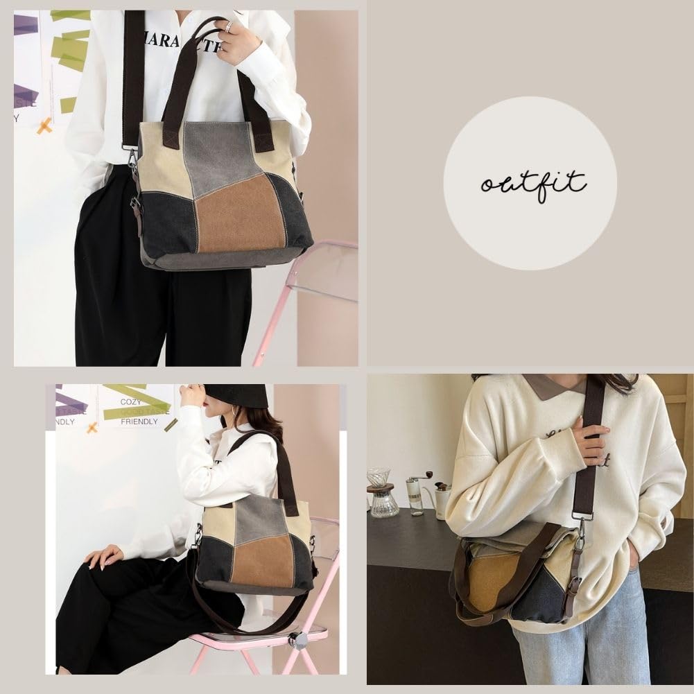 YMSTco Canvas Tote Bag, Color Block Pattern, Women's, Minimalist, Crossbody, Geometric, A4 Size, Simple Design (Brown)