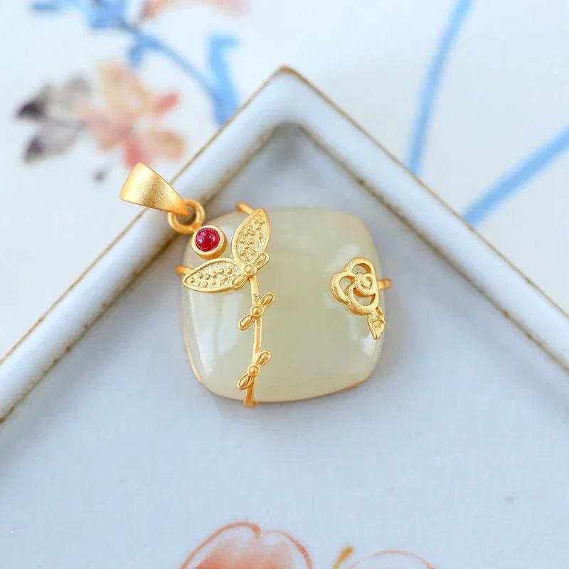 Original Ancient Gold Craft Inlaid Natural Hetian Jade Geometric Necklace Pendant Chinese Style Elegant Ladies  Jewelry