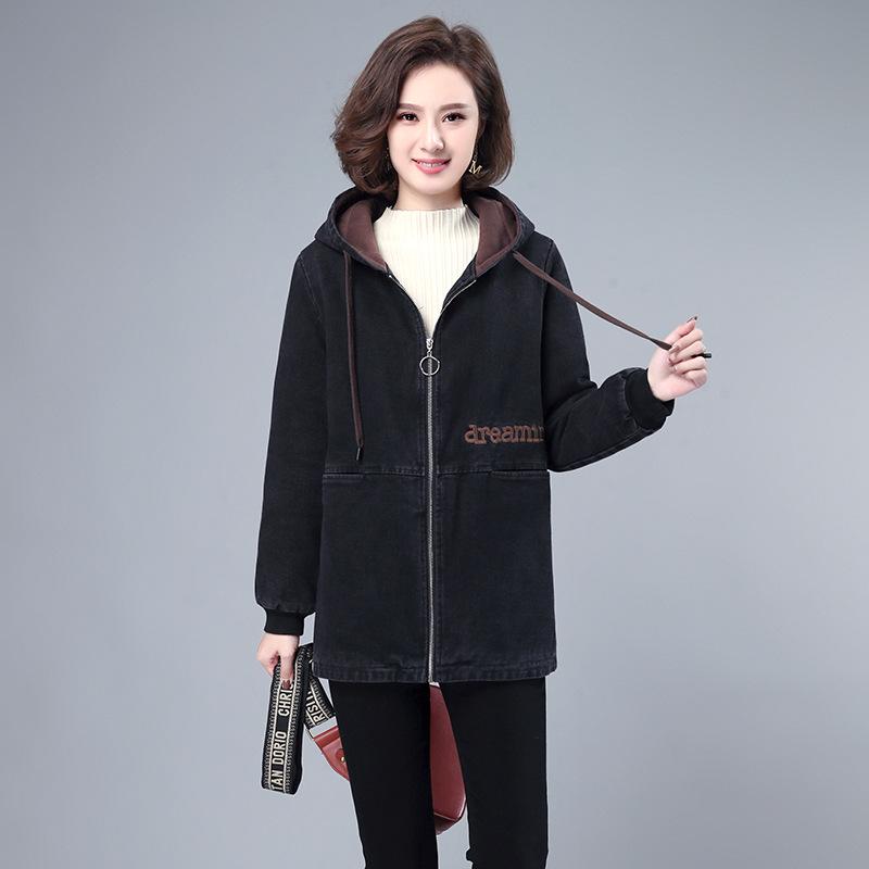 Women's Fleece-Lined Denim Hooded Jacket: Mid-Length, Warm, Fashionable Autumn/Winter Coat for Middle-Aged & Elderly Moms.