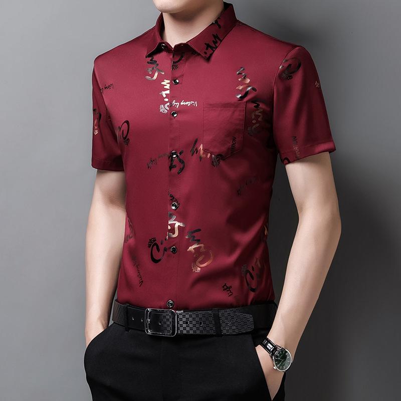 Summer Men's Floral Half Sleeved Shirts Ice Silk No Ironing Men's Fashion Short Sleeved Shirt Lapel Flower Shirt