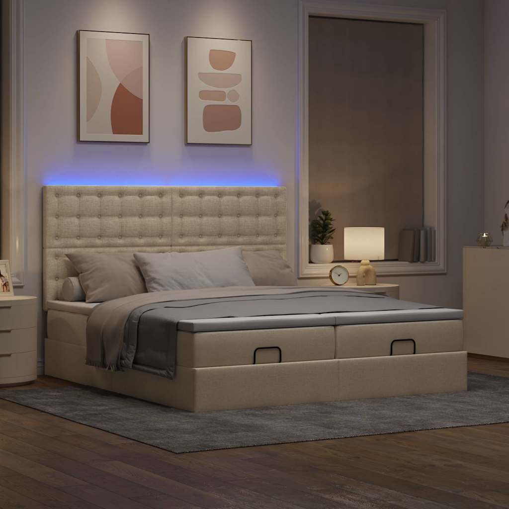 Ottoman Bed with Mattresses & LEDs Cream 180x200 Cm Fabric