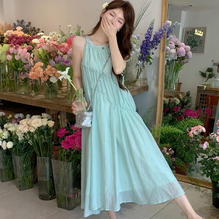 Summer loose pleated large skirt medium and long skirt small holiday style sleeveless neck dress women