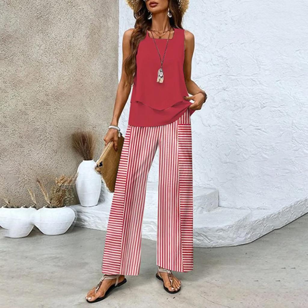 Dámský dvoudílný letní volný bez rukávů dvouvrstvý top vesta, ležérní kalhoty dovolenkový set