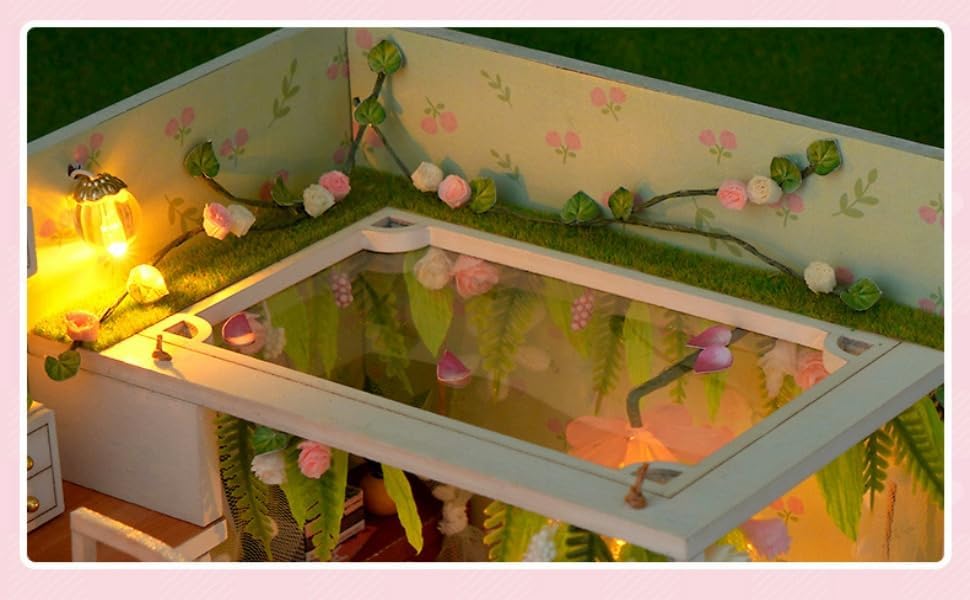 sofiey Dollhouse DIY Kit Set, Miniature Furniture Craft Kit with Instructions (Hana no Ma no Himitsugo + Dustproof Case + Music Box)