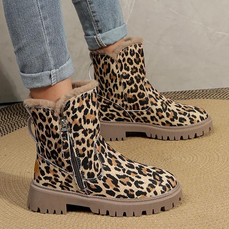 Women Non Slip Warm Fur Lined Winter Booties Fashion Leopard Pattern Plush Snow Boots Comfortable