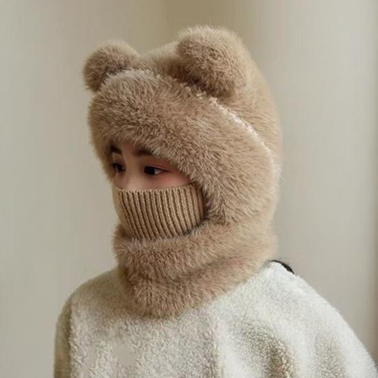 Children Hat with Face Guard Double Plush Ball Decor Solid Color Windproof Ear Protection Baby Hat Woolen Knitted Hat