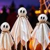 Playful Ghost Table Centerpieces 3 Pcs Halloween Ghosts on Wooden Stand, Vintage Rustic Fabric Sparkling Foam Ball Crafts Figures, Spooky Tabletop