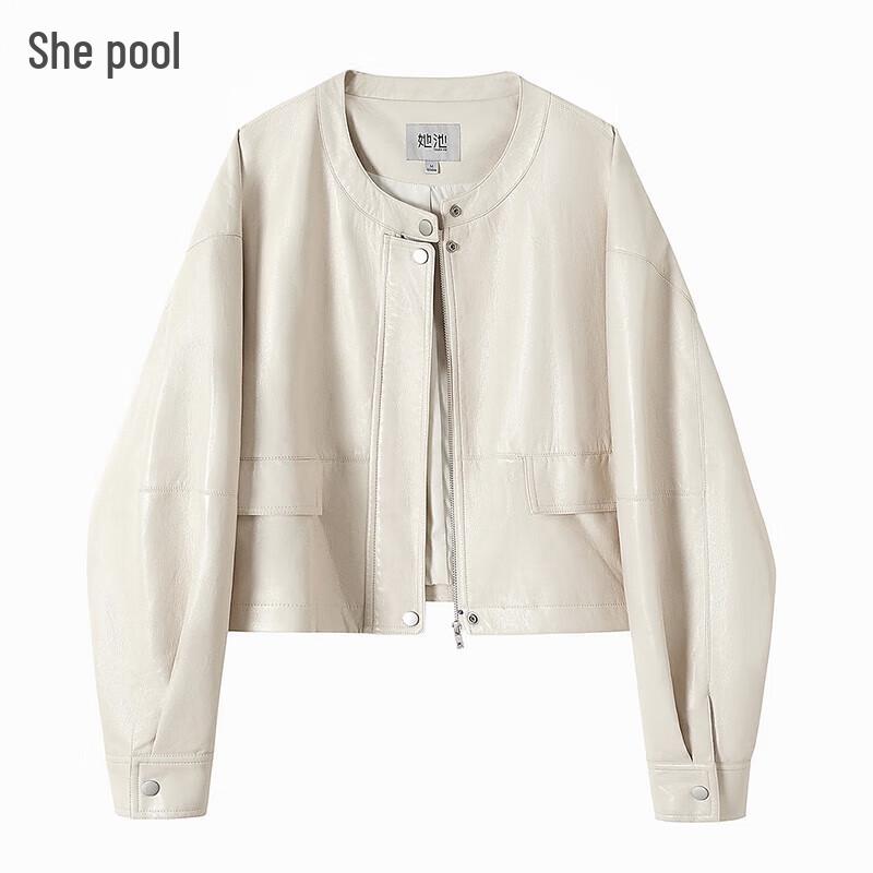 

Women s Short Round Neck PU Leather Jacket XL