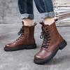 Women Genuine Leather Boots Chunky Platform Square Toe Side Zipper Ankle Boots For Women Winter Warm Lace-up Shoes
