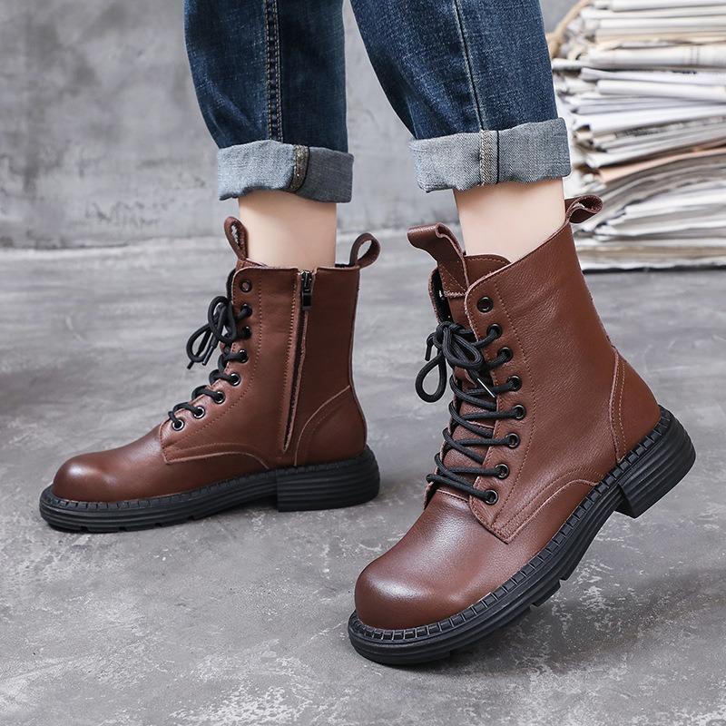Women Genuine Leather Boots Chunky Platform Square Toe Side Zipper Ankle Boots For Women Winter Warm Lace-up Shoes