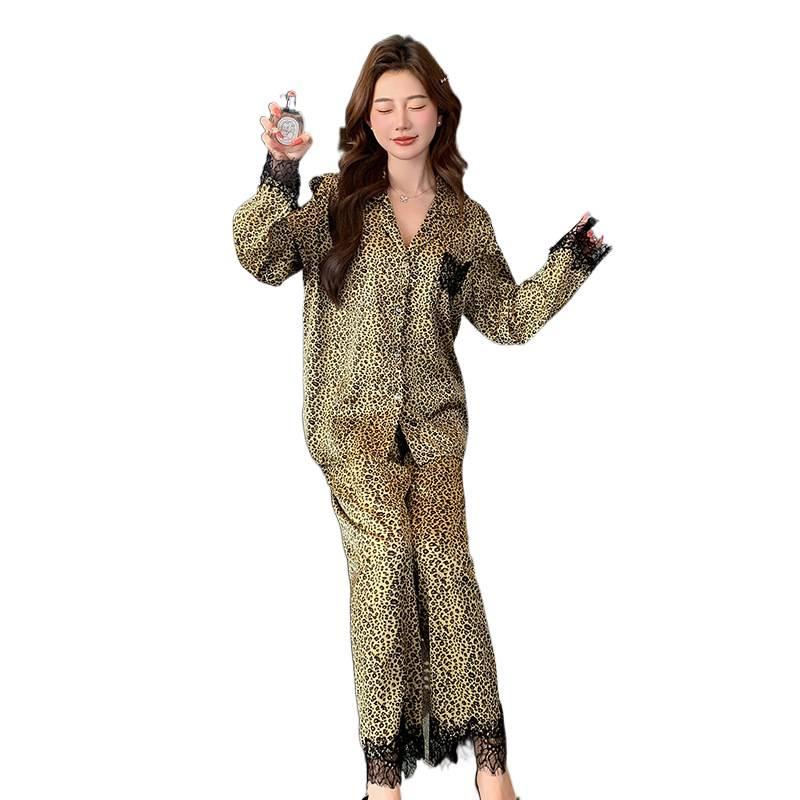 Pajamas Ladies Ice Silk Lace Leopard Print Light Luxury Early Spring Mature Long Sleeve Suit Comfortable Loungewear