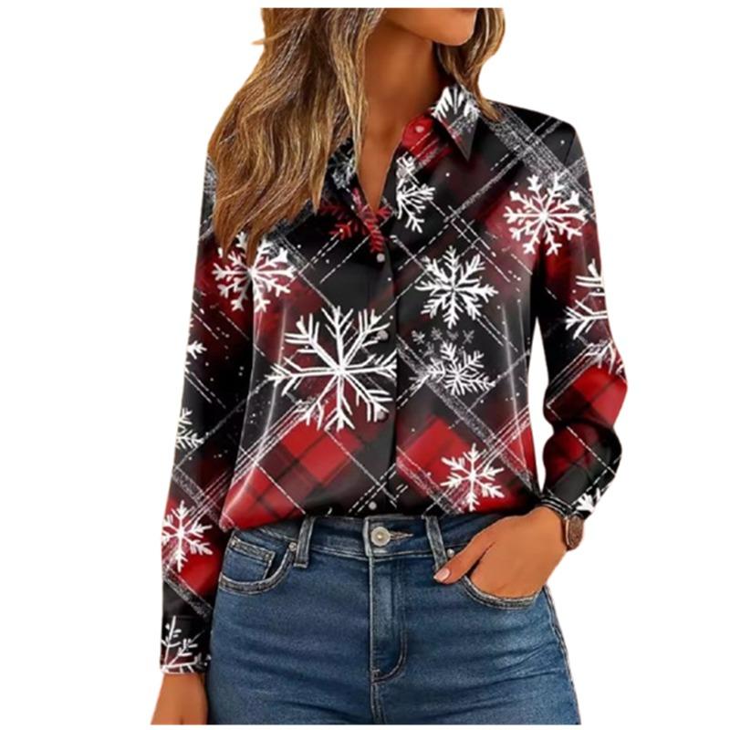 Christmas Women's Plaid Snowflake Blouse Elegant Shirt Fashion Casual 3D Print X-Mas Party Wear Autumn Long Sleeve Tops