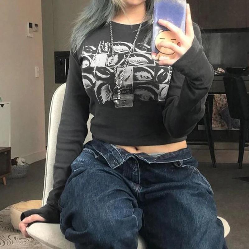 Dámské gotické tričko s potiskem oka, jarní, retro, Y2k, slim fit, s dlouhým rukávem