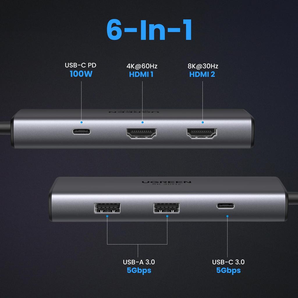 UGREEN Revodok 206 USB C Hub with Dual HDMI Docking Support with Single 100W PD Fast 5Gbps Data Compatible with MacBook and iPad C port does not