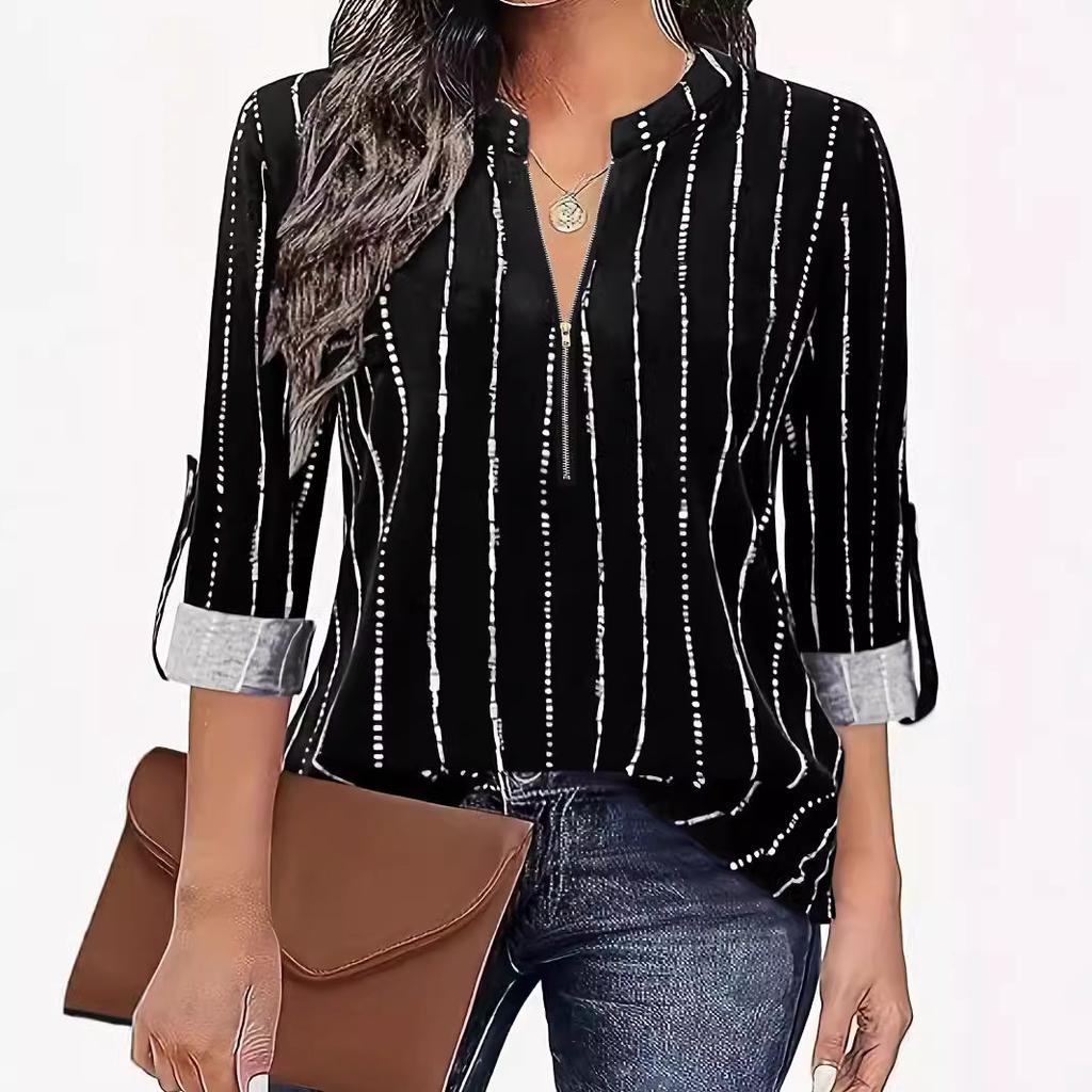 Spring and Autumn Leisure Commuting Elegant Stripe Zipper Long Sleeve Women's Blouses & Shirts