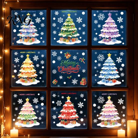 Static Cling Window Decals 9Pcs Macaron Christmas Tree Clings, Snowflake Gift Glass Stickers, Reusable for Shop Home Holiday Decoration Atmosphere