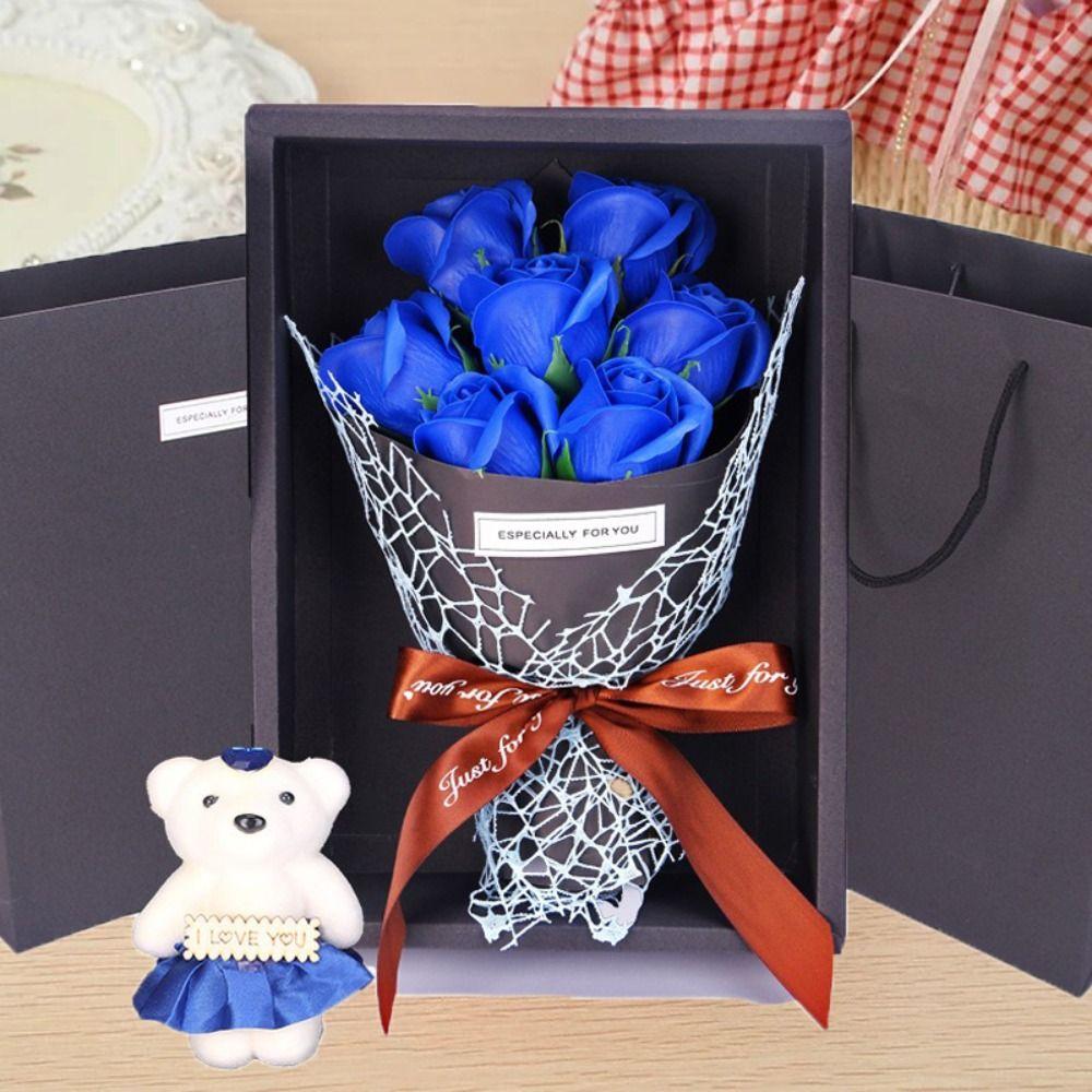 Ribbon Bow Rose Bouquet Gift Box With Bear Doll Simulated Rose Bundle  Women's Day