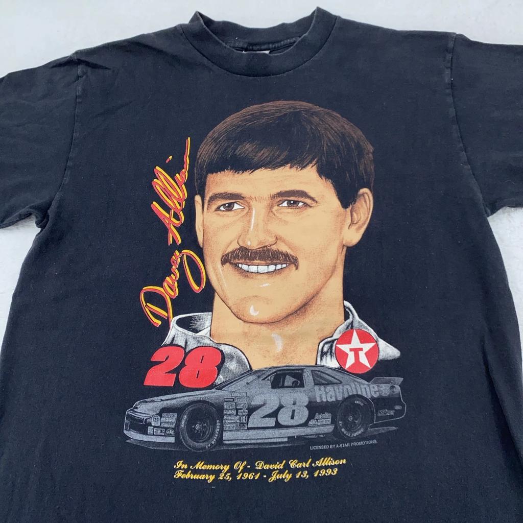 Vintage 90s NASCAR In Memory Davey Allison T-Shirt Mens M/L Racing #28 Havoline
