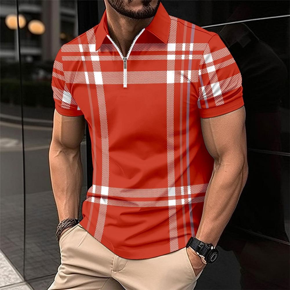 Summer Men s Printed Checkered Stripe Polo Shirt Zipper Sports Polo Shirt S