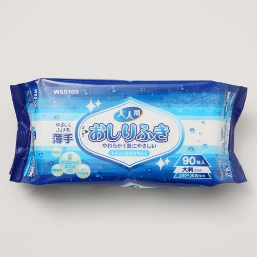 Wet Wipes for Adults, 90 Sheets, Thin, Large Size, Non-Flushable, WS5105