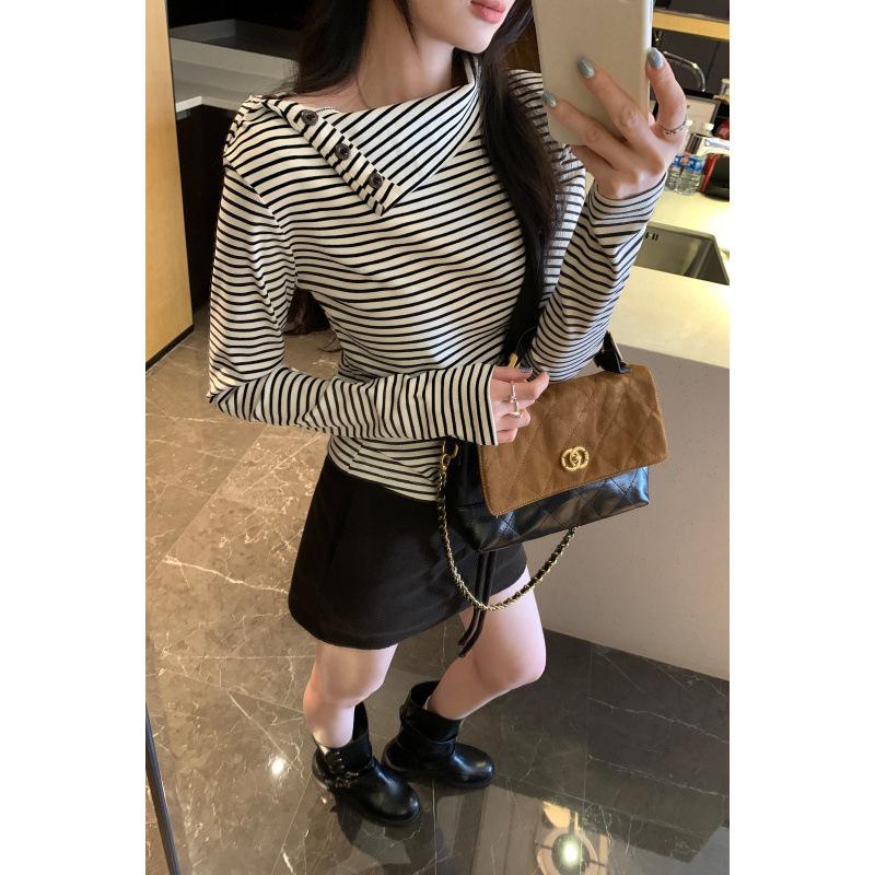 Korean High-End Lapel Striped Women's Winter 2025 T-Shirt