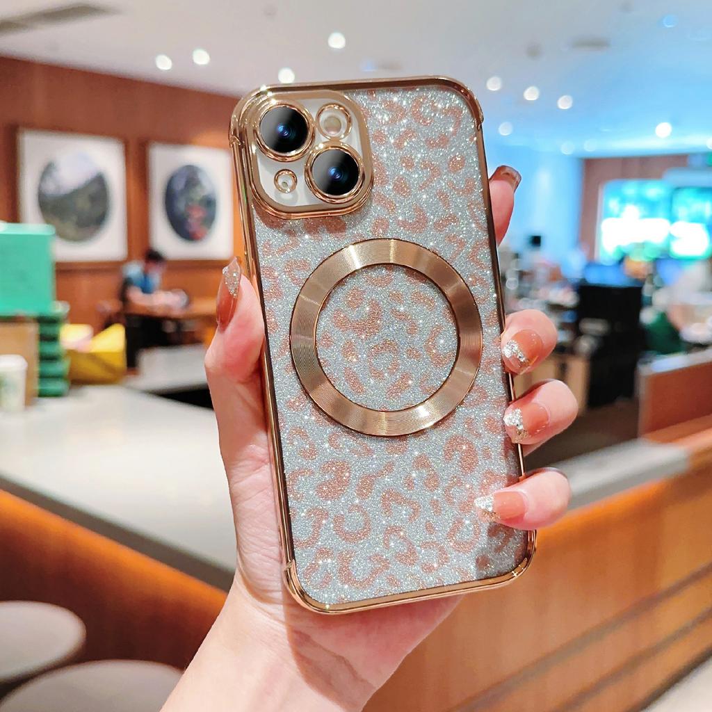 For iPhone 15 Case Compatible with MagSafe Bling Glitter Leopard Print TPU Clear Phone Cover