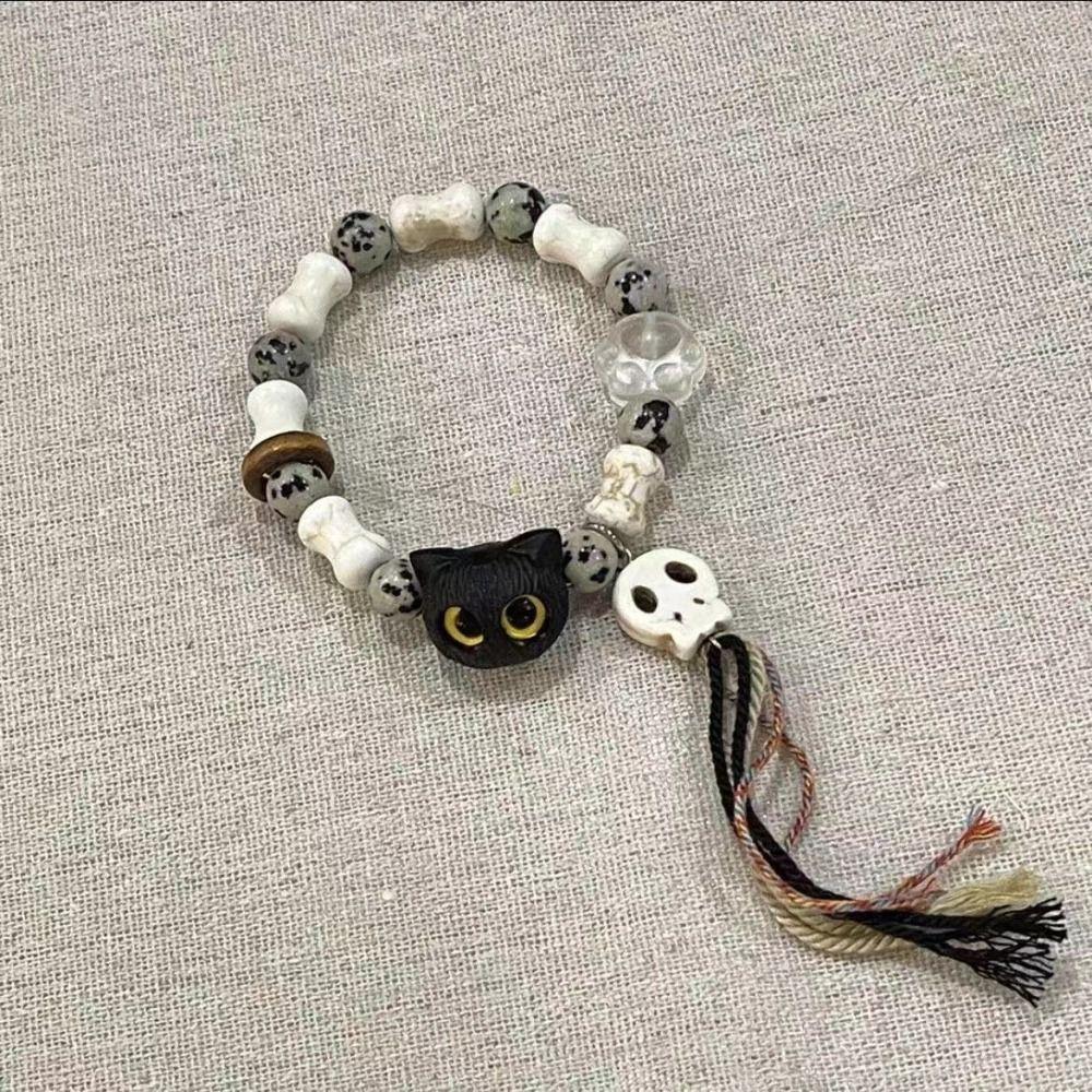 Skull Cat Handmade Bead Bracelet Ceramics Bead Cartoon Hand Ring Vintage Black Cat Bracelet  Women