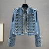 Women's Vintage-Style Stand Collar Button-Front Decorative Top with Long Sleeves Denim Short Jacket for Spring and Fall