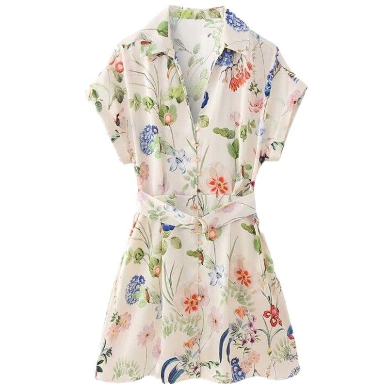

Fashion Style 2024 Spring New Women with Belt Flowers Print Silk Satin Texture Mini Dress 2949149 Picture color XS