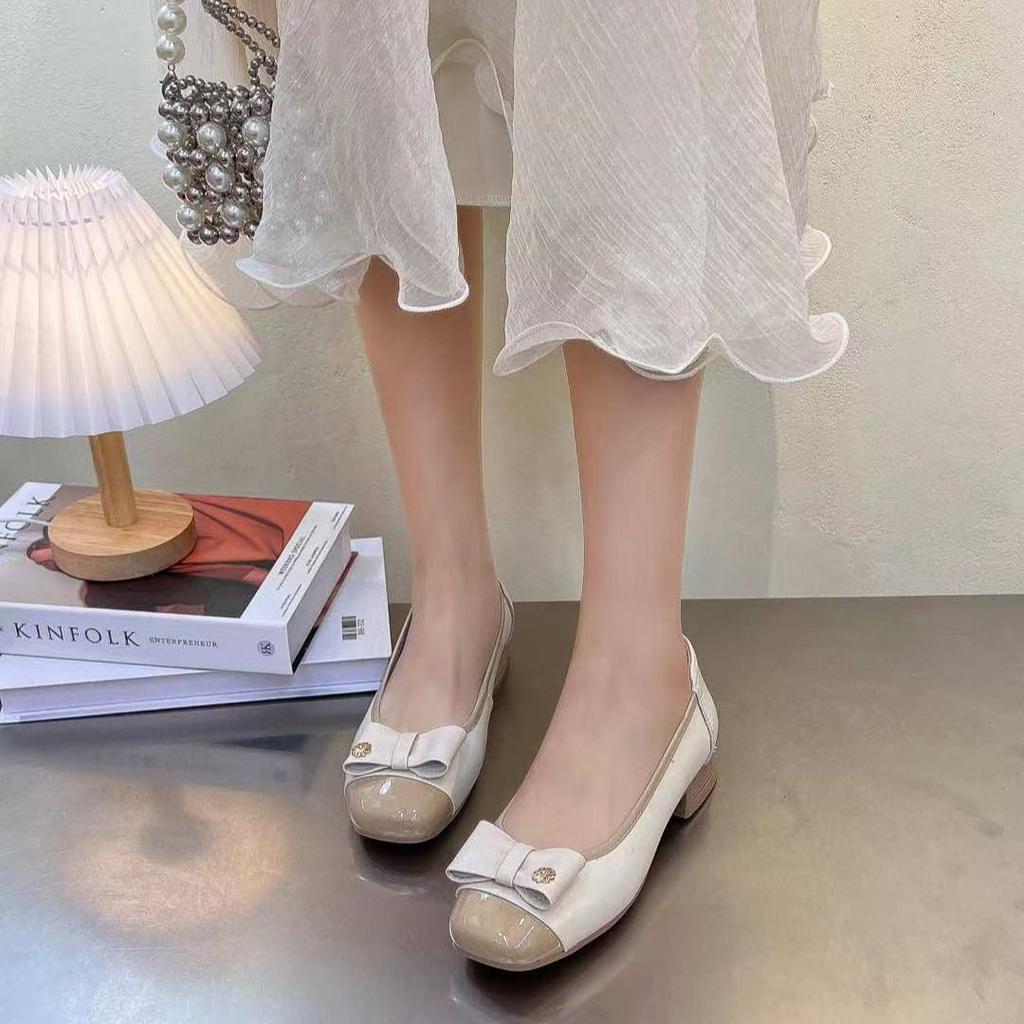 Medium-heeled single shoes women's new leather one-pedal versatile soft-soled shallow-mouth low-heeled single shoes