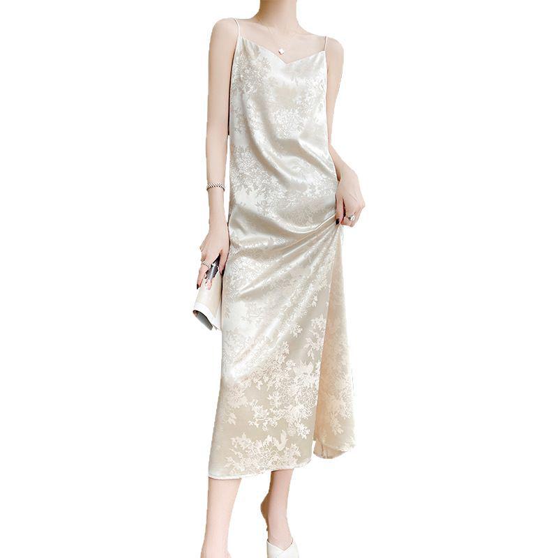 Damen Sommer V-Ausschnitt Satin Slip Kleid - Französisches Kunstseiden Jacquard Maxi