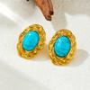 Gold Twisted Border Oval Turquoise Stud Earrings for Women