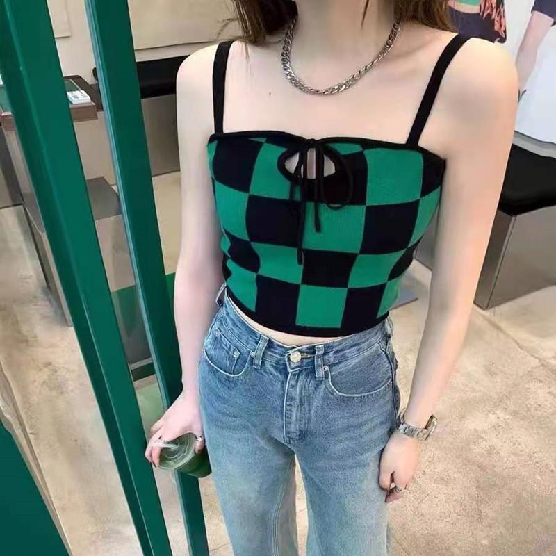 Checkerboard Short Folded Knitted Vest Women's Summer Korean Version of Skinny Tight-fitting Bottom Knitted Halter Top