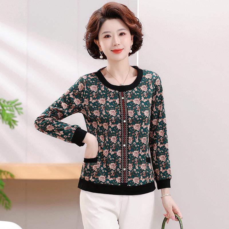 

Women s Spring Print Long Sleeve Loose Round Neck Top 3XL (suggested 120-135 jin) зелений