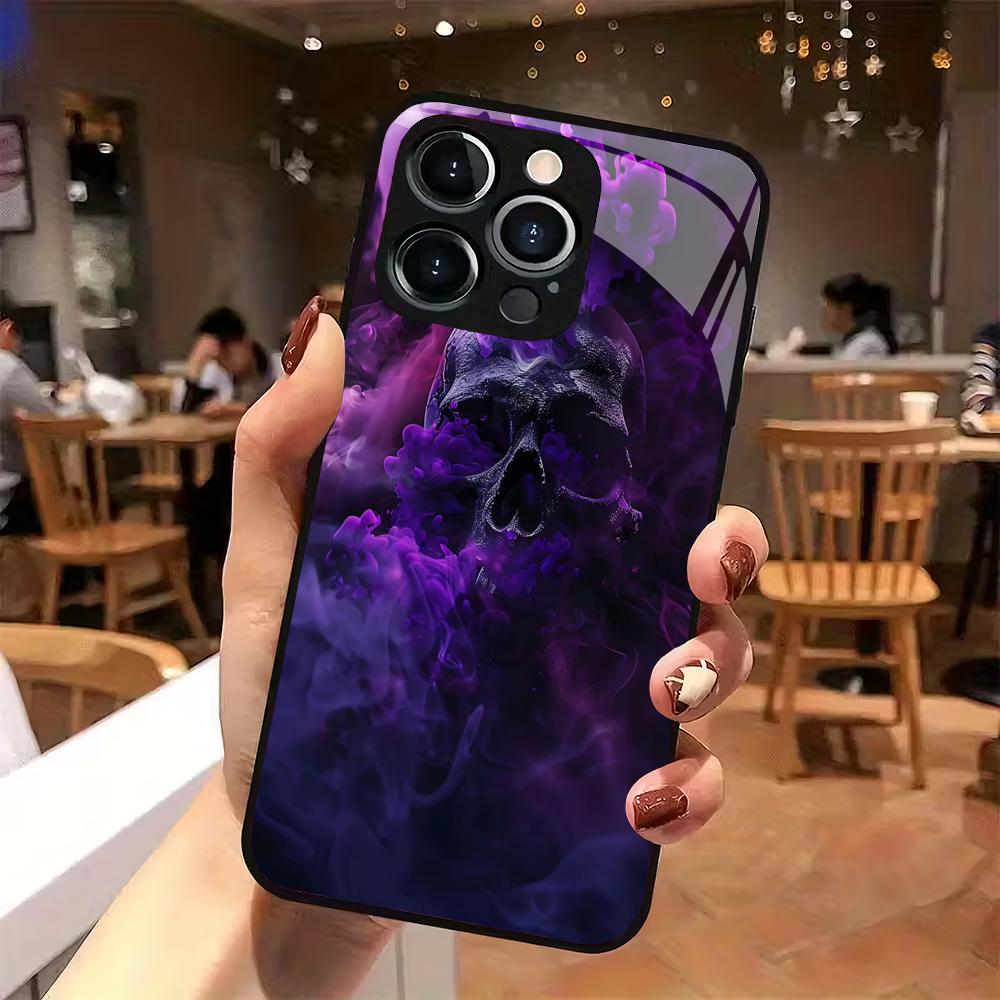 Smoke Skull Pattern Tempered Glass Phone Case Suitable for iPhone 17 16 15 14 13 12 11 Pro Max Plus Shockproof Back Cover