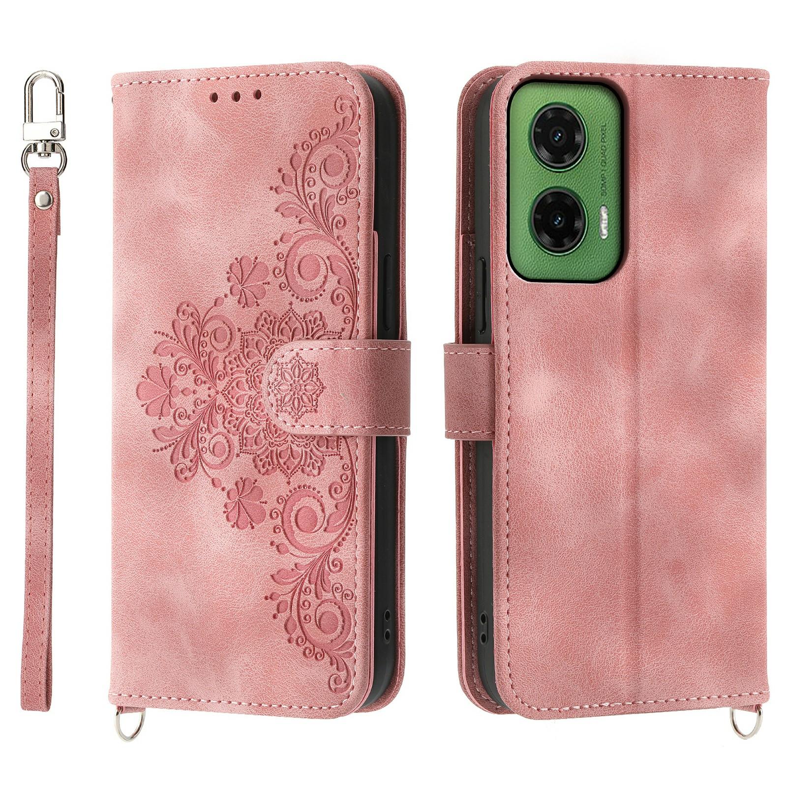 

For Motorola Moto G35 5G Case Flower Pattern PU Leather Wallet Phone Cover with Strap Pink