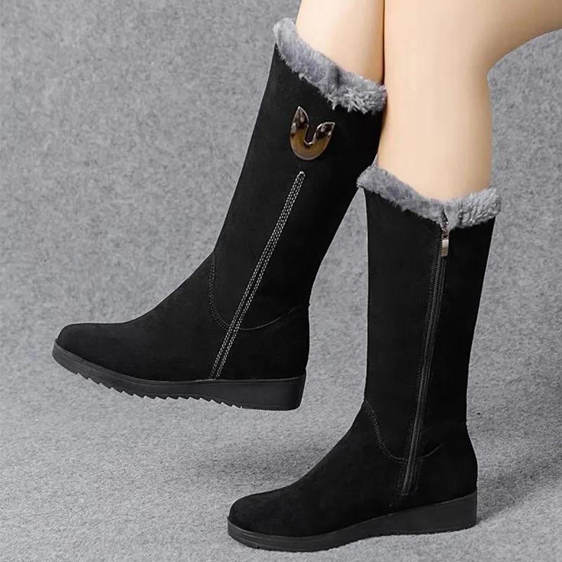 Fashion Women's Platform Shoes Side Zipper Women's Snow Boots Winter Round Toe Plush Fleece for Warmth Solid High Tube Flat Snow Boots