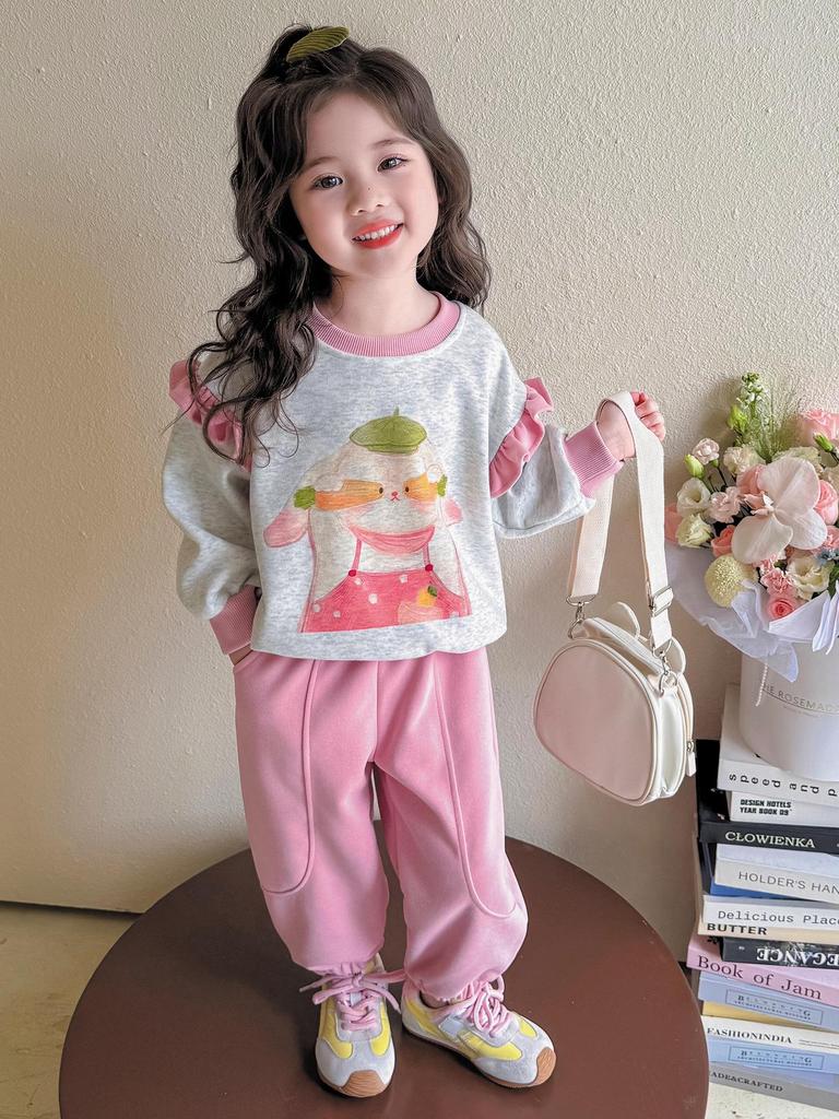 Girls' Sweet Cartoon Sweatshirt Set - Spring/Autumn Fashion Two-Piece Casual Outfit.