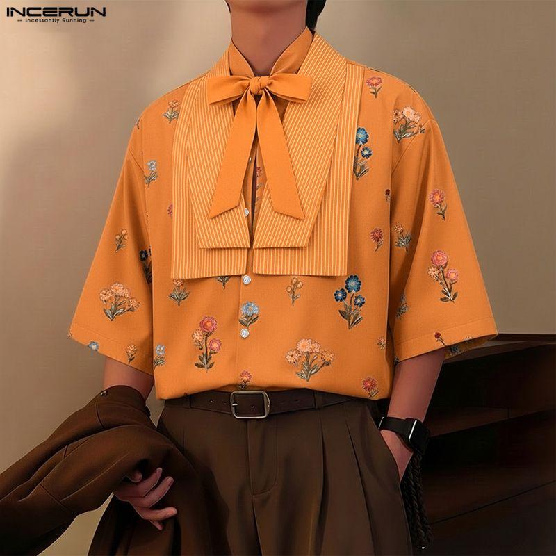INCERUN Men Lapel Neck Short Sleeve Floral Print Striped Patchwork Casual Summer Shirts Tops