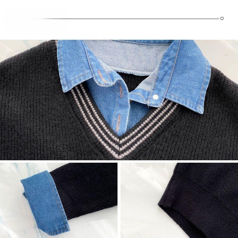 Fashion Women's Denim Patchwork Shirt Collar Sweater Autumn Winter Knit Loose Pullover Fake Two-Piece Top