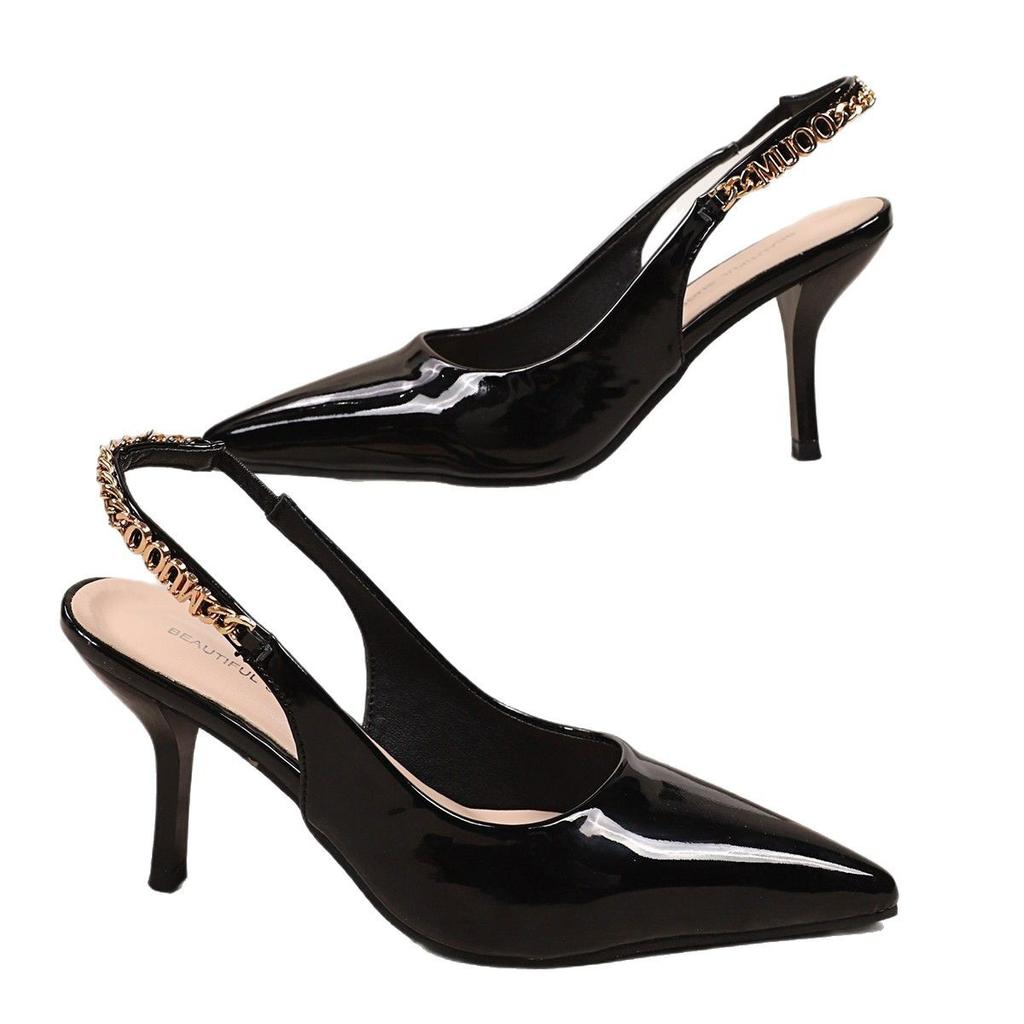 Handel zagraniczny jednolity kolor szpiczaste wysokie obcasy kobiety 2025 francuski temperament metalowy łańcuch lekkie usta cienki obcas puste sandały damskie