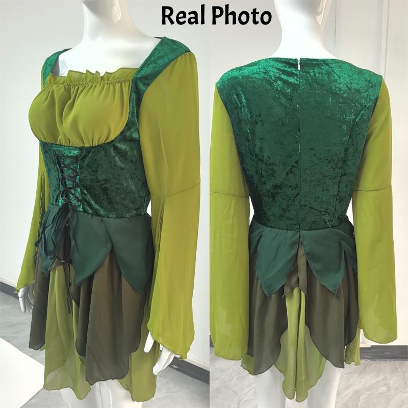 Costume da Elfo Fata per Donna Abito Medievale Verde con Ali Cintura Outfit Cosplay di Halloween Abito da Festa Fata