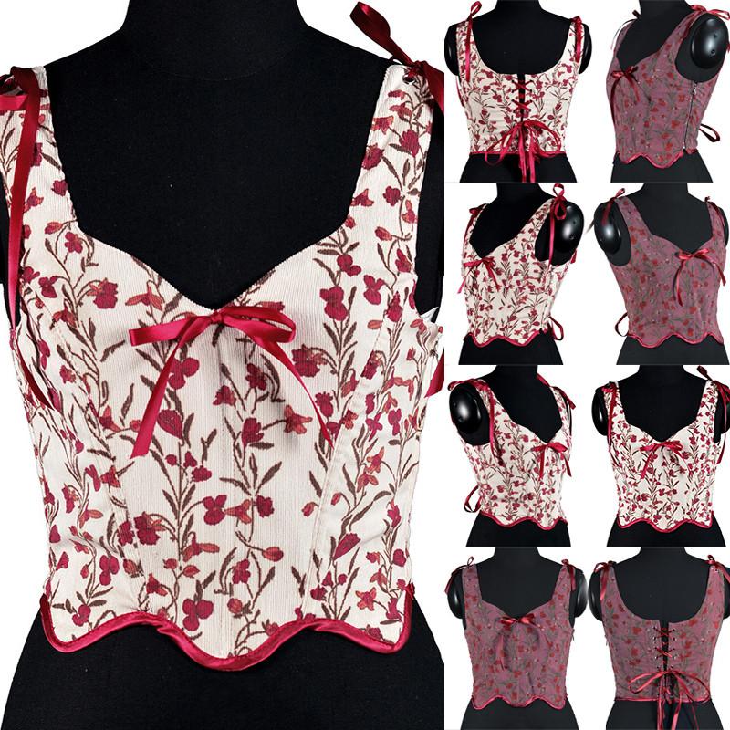 

Женский сексуальный бюстье-корсет, топ с люверсами на шнуровке с цветочным принтом, укороченный топ с эффектом пуш-ап, винтажный топ на бретелях, вечерние Клубная одежда, лиф