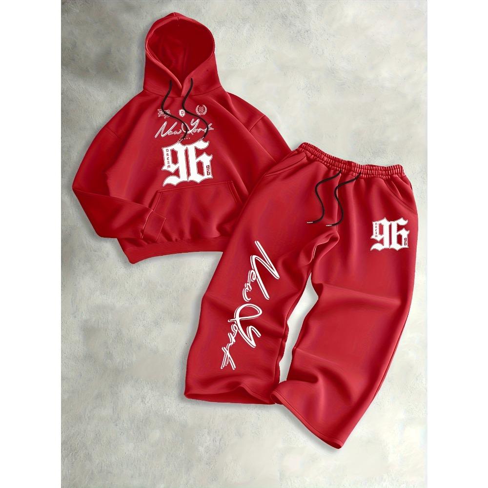 American Style Trendy Printed Hooded Sweatshirt Set, Loose Casual Wide Leg Pants Two Piece Set, Versatile for Men's Daily Street Wear