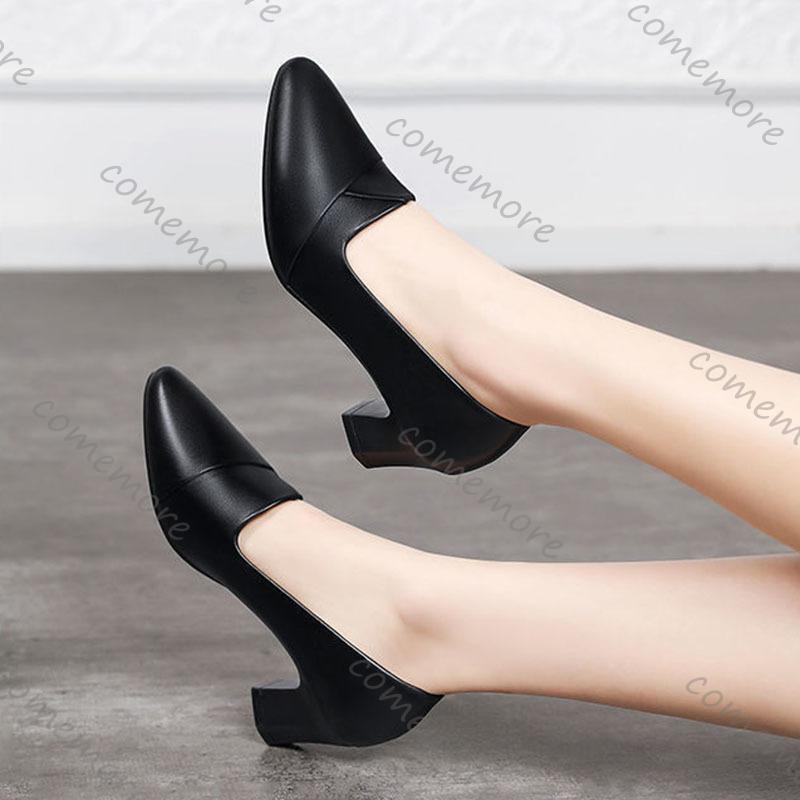 Fashion Comemore Spring and Autumn New Pumps Single Shoes Black 5cm 7cm Thick Heeled Women Shoes Casual Soft Leather Mother Work Shoes