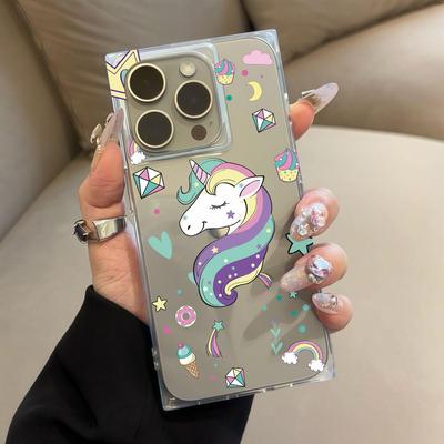 Clear Square Back Tube Case Protection For iPhone 11 15 Plus 12 16 ProMax 13 14 Pro Max Anti-Oxygen,Cartoon Unicorn Pattern Casing