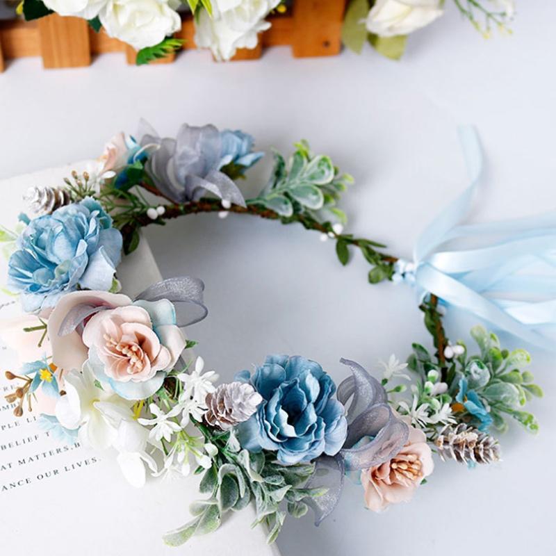 Blue Flower Hair Wreath Headband Crown Garland with Adjustable Ribbon Festivals Wedding Party Headpiece for Women Girl