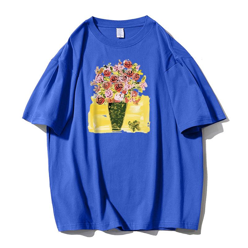 Shellsuning Tričko s potiskem krásných květin pro ženy Letní móda s výstřihem do O Umělecká trička nadměrné velikosti Dámská 100% bavlna Základní měkké topy Harajuku