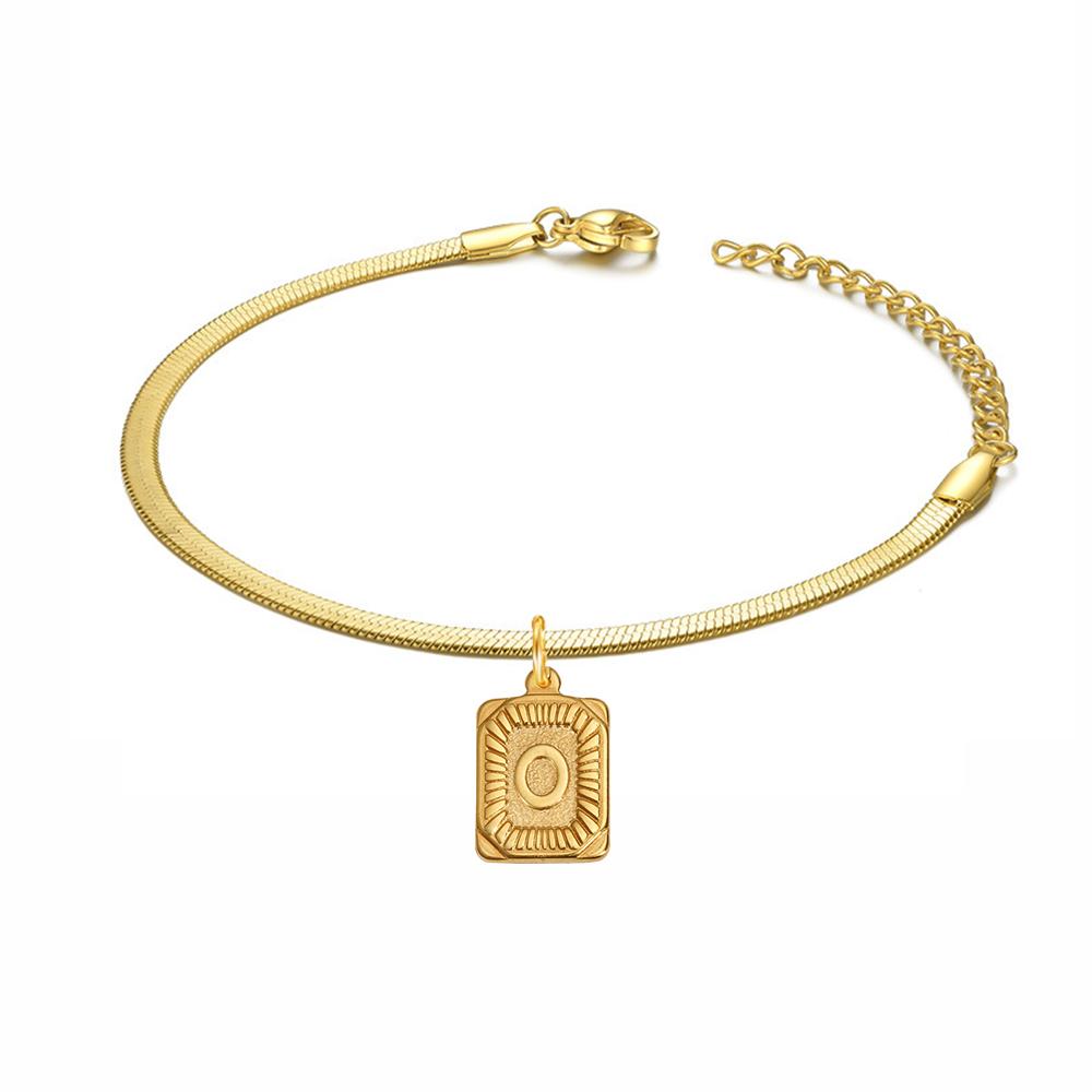 Punk Initial Letter Square Charm Bracelet Female Gold Color Stainless Steel 3mm Flat Snake Chain Link Bracelet for Women Jewelry